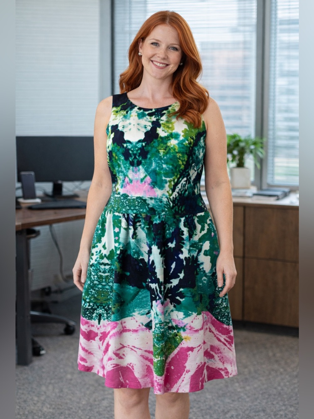 Cynthia Rowley Sleeveless Fit & Flare Dress Abstract Floral Green Pink Size 10